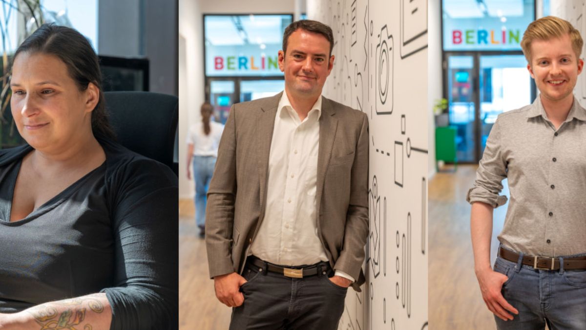 Es handelt sich um drei verschiedene Bilder. Eine junge Frau mit dunklen Haaren sitzt vor einem Notebook. Ein Mann  um die 40, mit dunklen Haaren und im Anzug steht an einer Wand gelehnt un lächelt in die Kamera. Ein junger Mann, ca. Mitte 20, blonde Haare, lehnt an einer Wand und lächelt in die Kamera.